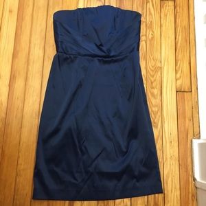 Navy blue strapless stretch satin cocktail dress